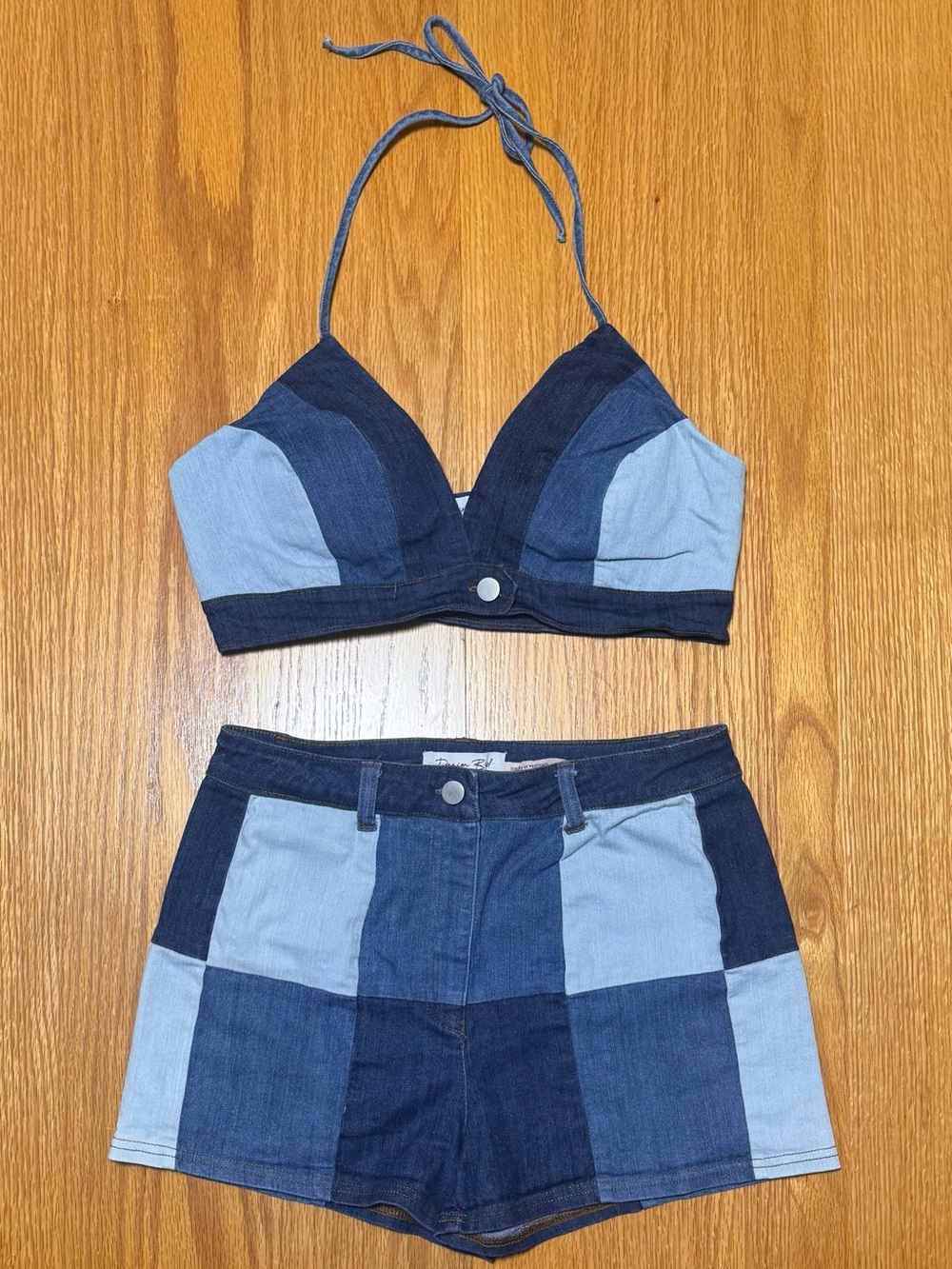 Patchwork Blue Denim Halter Top & High-Rise Shorts Set